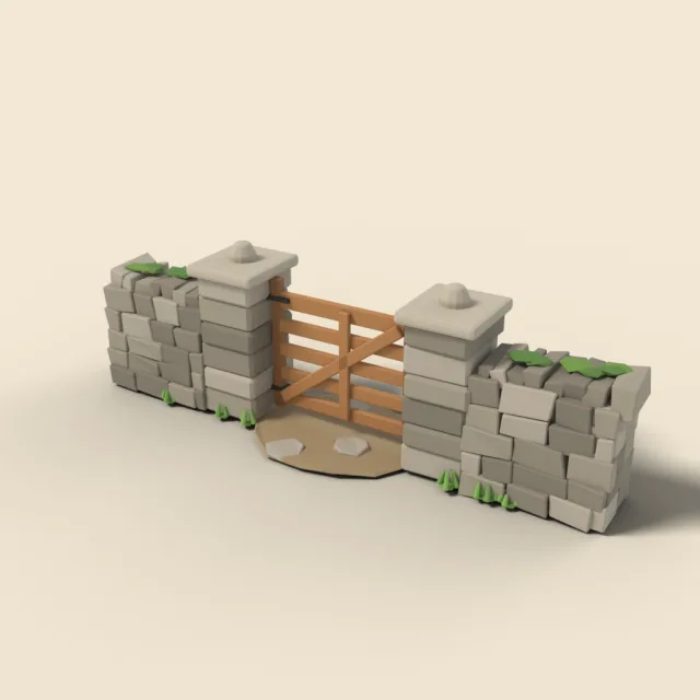 Low dry-stone wall with wooden gate