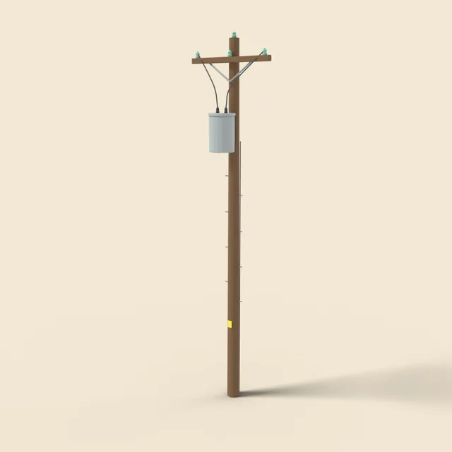 Wooden utility pole with transformer