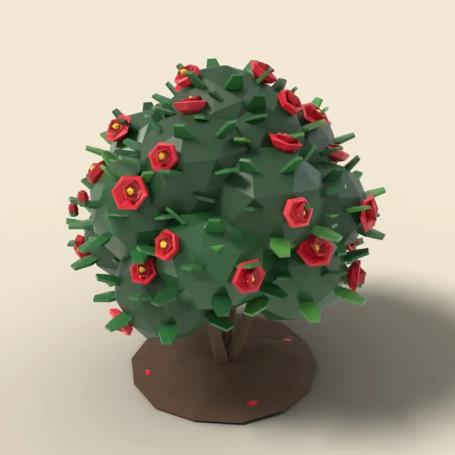Red camellia shrub with glossy leaves