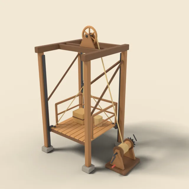 Wooden elevator platform with rope pulley