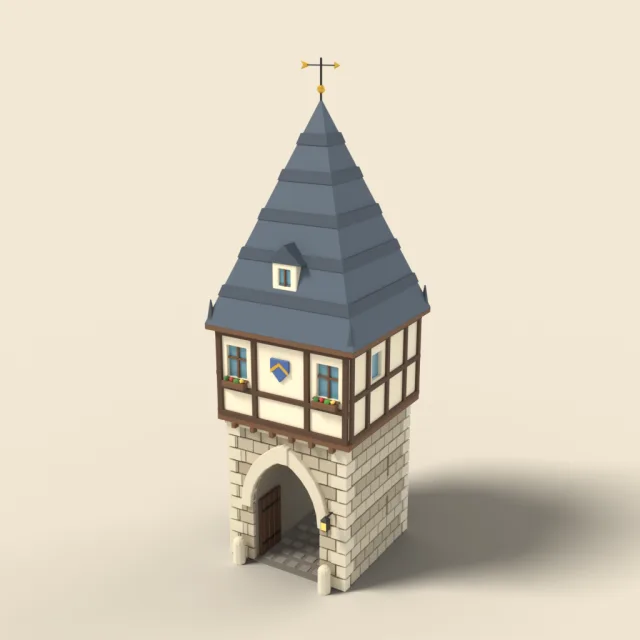 Narrow town gatehouse with archway spire