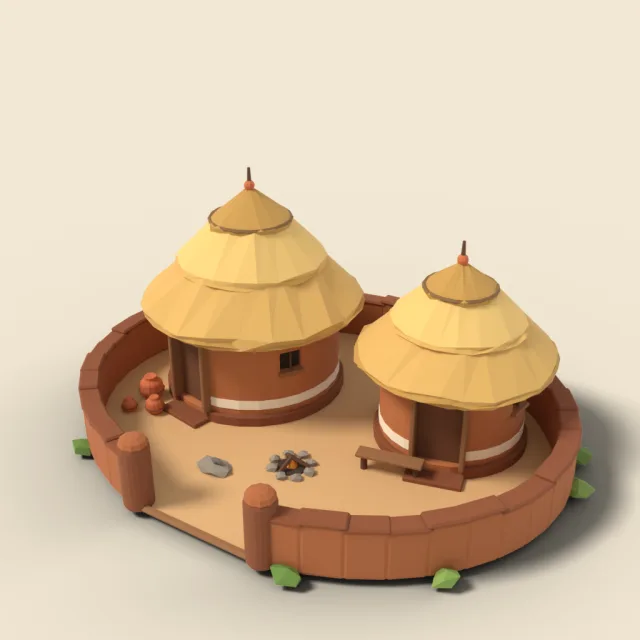 Pair of rondavels with mud wall yard