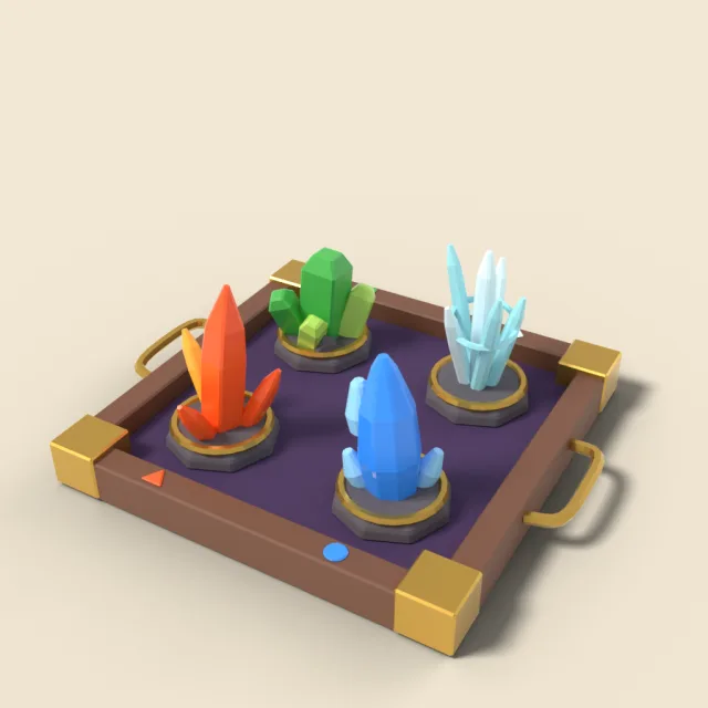 Four elemental crystal shards on tray