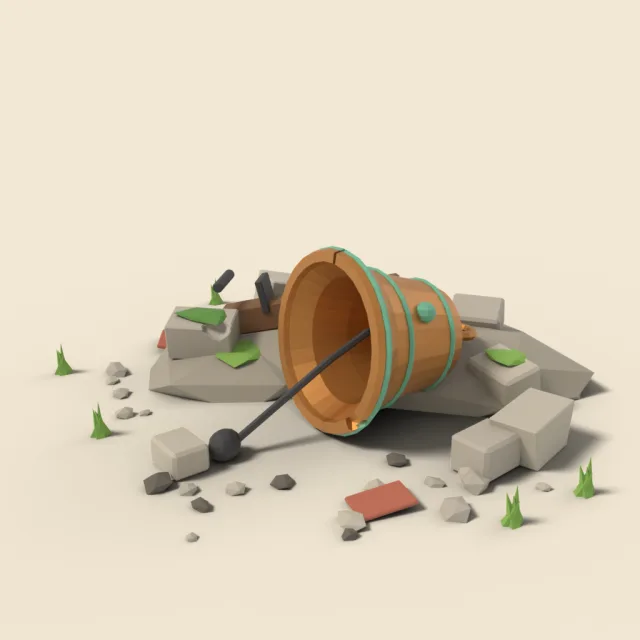 Fallen bell in rubble