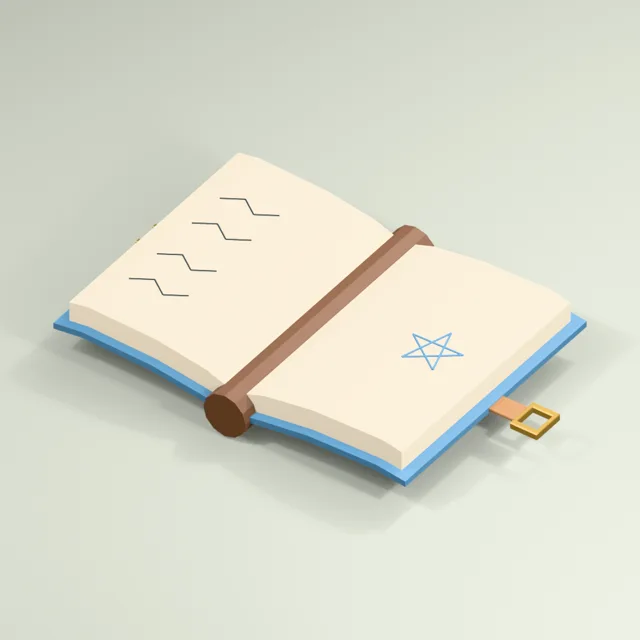 Open spellbook with crowned pages raised sigil and released clasp