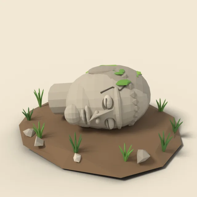 Toppled stone head on its side