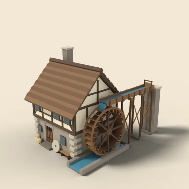 Overshot watermill with wooden flume