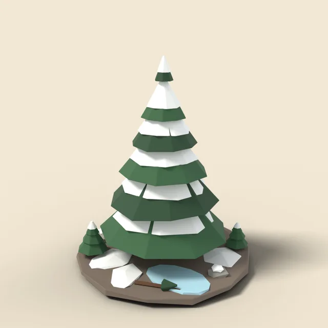 Snow-dusted fir tree on frozen ground