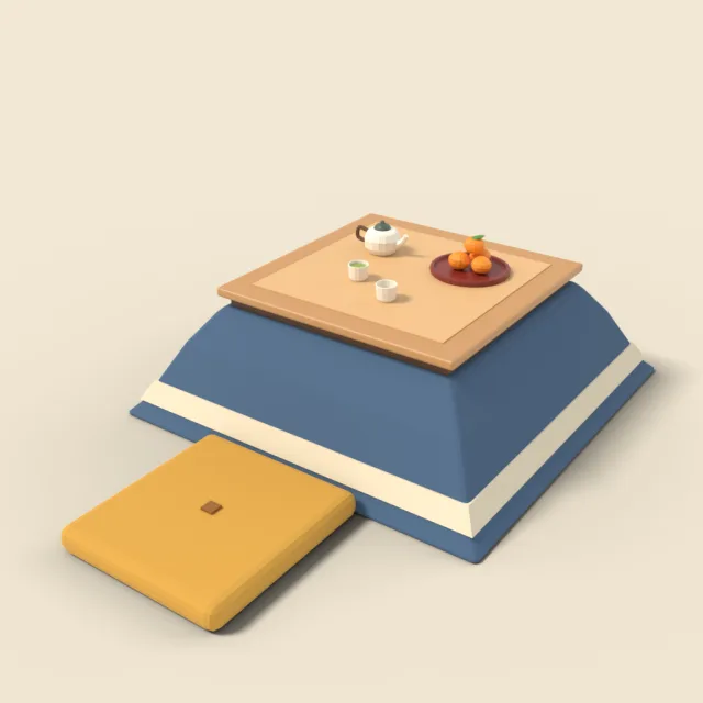 Modern kotatsu table with quilt