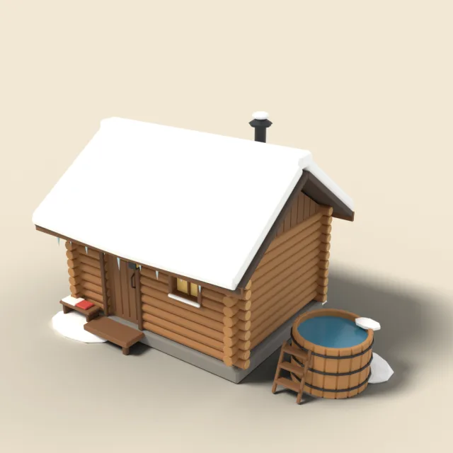 Snowy sauna cabin with plunge tub