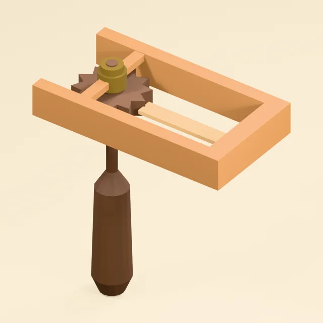 Wooden ratchet rattle with engaged spring tongue and revolving frame