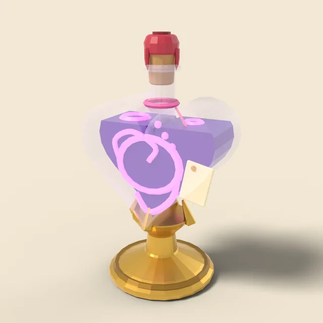 Purple swirling elixir in heart bottle