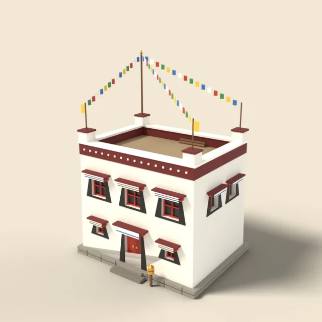 Tibetan whitewashed house with prayer flags