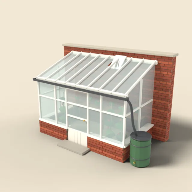 Lean-to greenhouse against brick wall