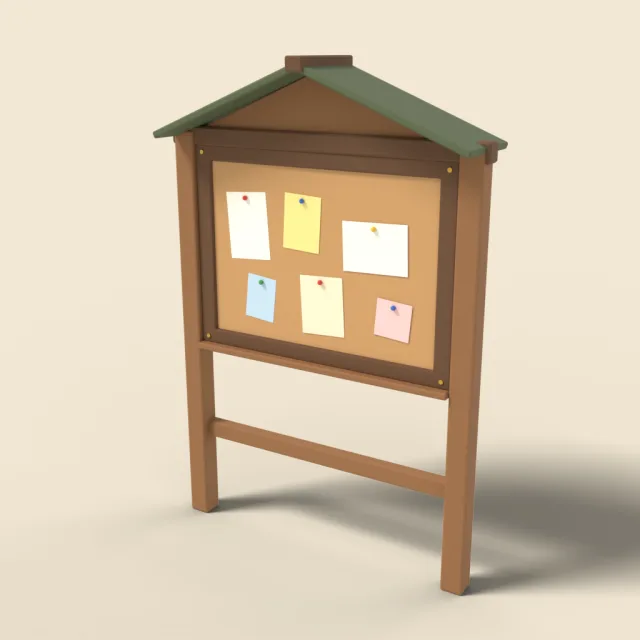 Wooden notice board with blank papers