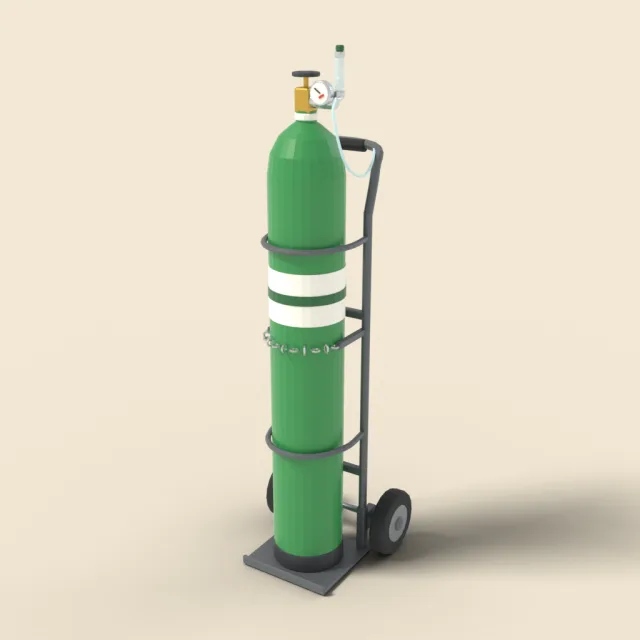 Tall green oxygen cylinder on trolley