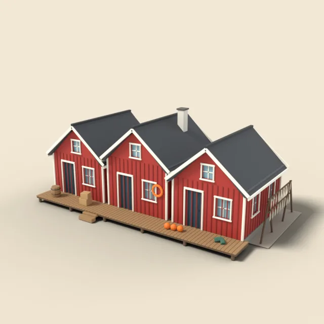 Row of three red fishing cabins