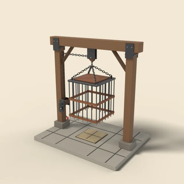 Falling iron cage trap on chains