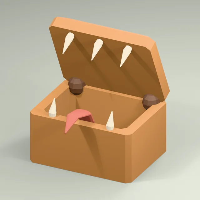 Chest mimic with thick open maw, retained fangs and curling tongue