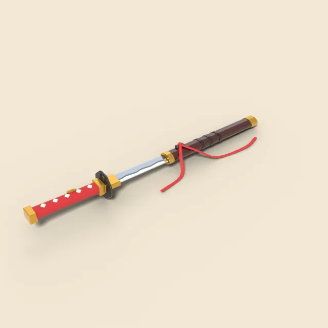 Short wakizashi with red cord wrapped grip