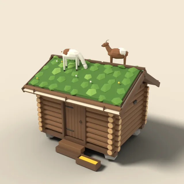 Sod-roof storehouse with goats grazing