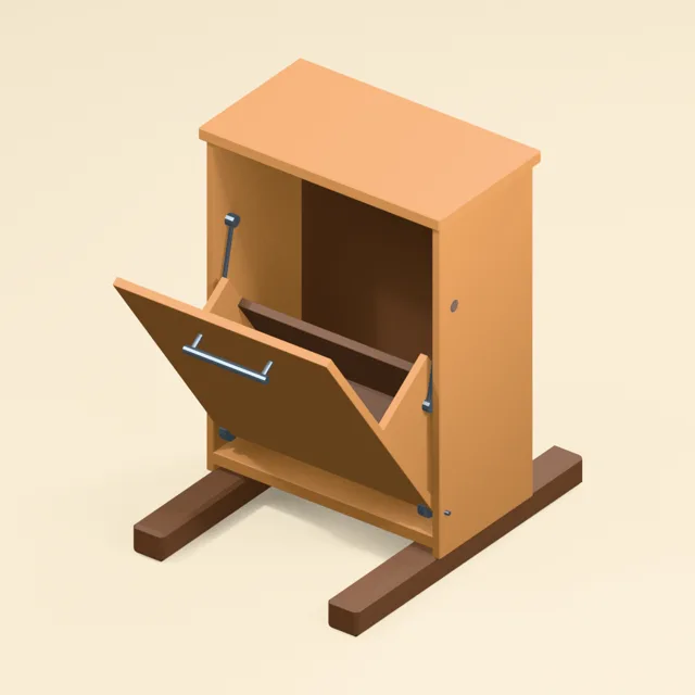 Open tilt-out shoe cabinet with retained cradle pivots and side stays