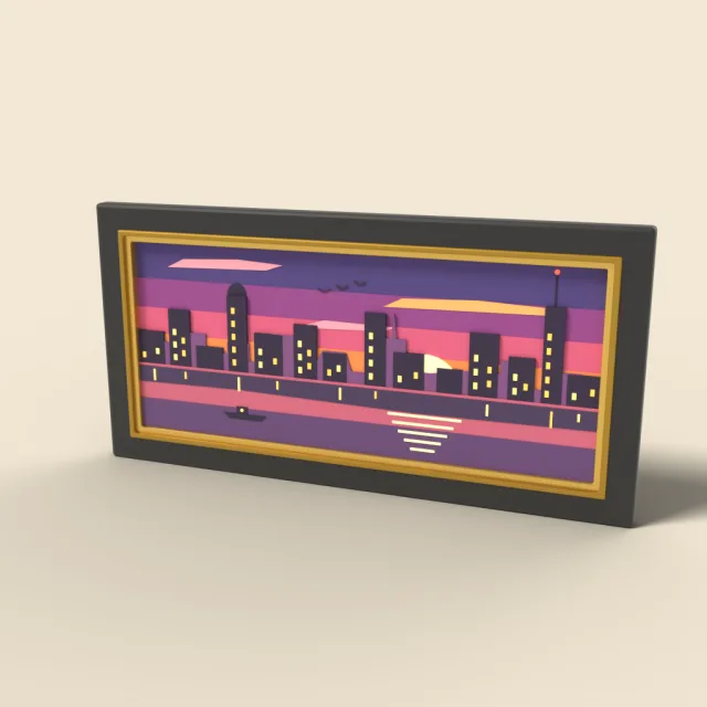 Framed city skyline painting at sunset