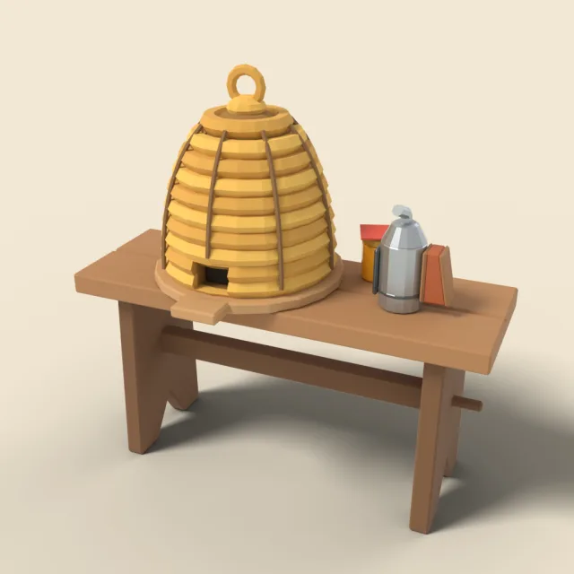 Straw skep beehive on bench