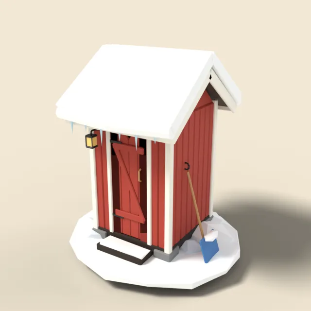 Snowy outhouse with shovel