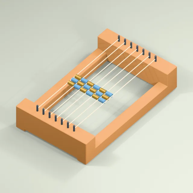 Tabletop bead loom with tensioned warp and a started bead band