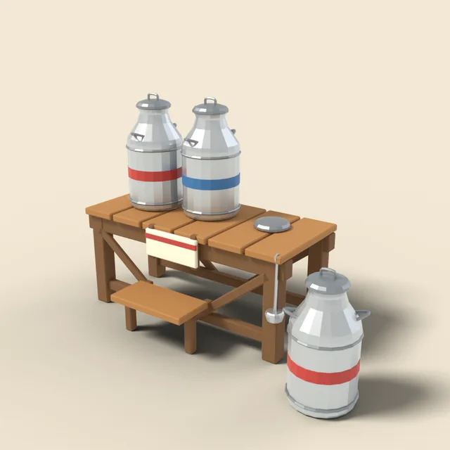 Milk churns on wooden stand
