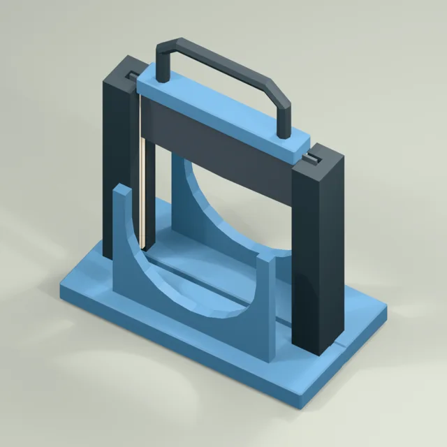 Vertical bagel slicer with guided blade and open semicircular cradle