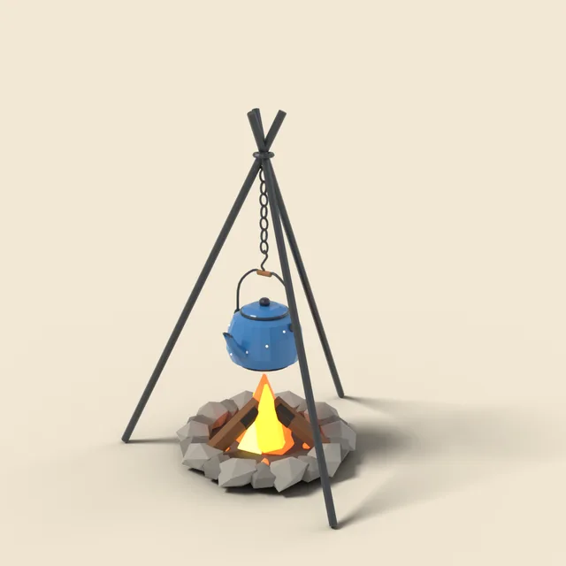 Enamel camping kettle on tripod