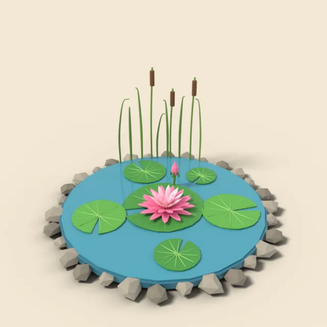 Water lily pads with pink bloom