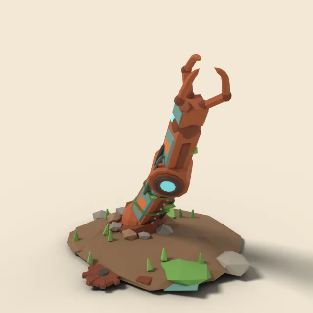 Rusted ancient robot arm in ground