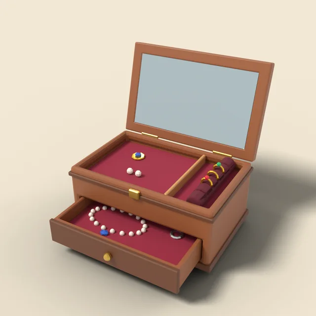Wooden jewelry box with open drawer