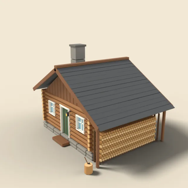 Log cabin with stacked firewood wall