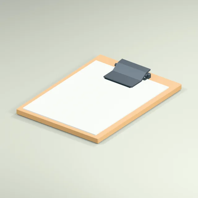 Office clipboard with pivoted spring clip and paper