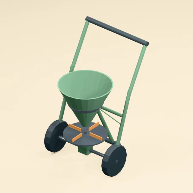 Hand-pushed broadcast seed spreader with open hopper and vaned disc