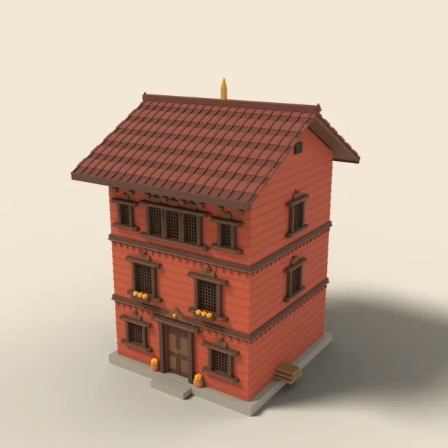 Nepali brick house with carved wood windows