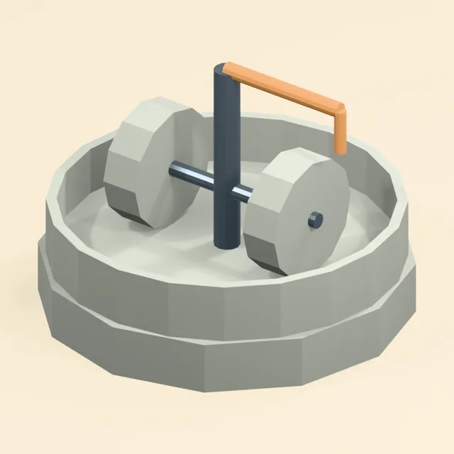 edge_runner_mill_paired_vertical_stones_in_open_circular_pan