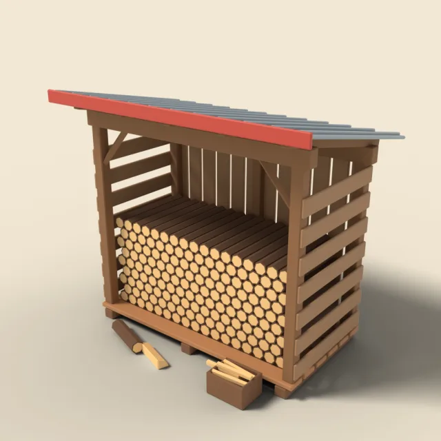 Woodshed with stacked logs