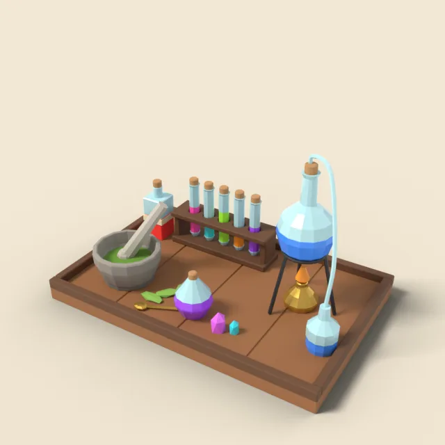 Alchemy set with mortar and vials