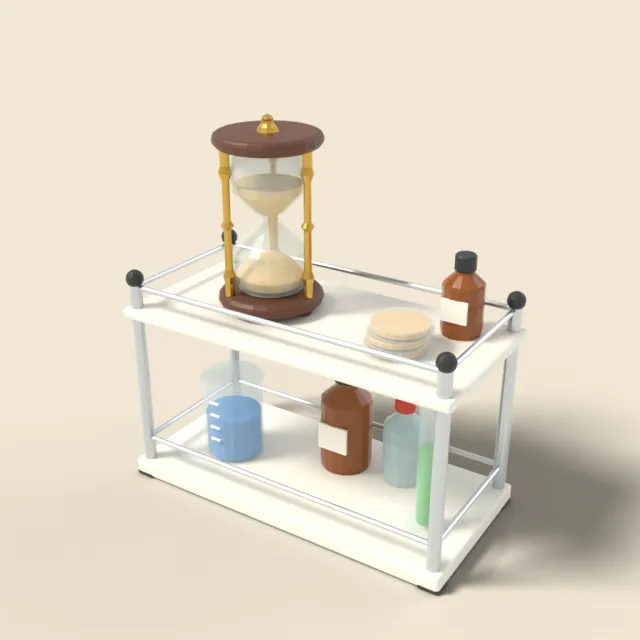 Hourglass sand timer on lab shelf