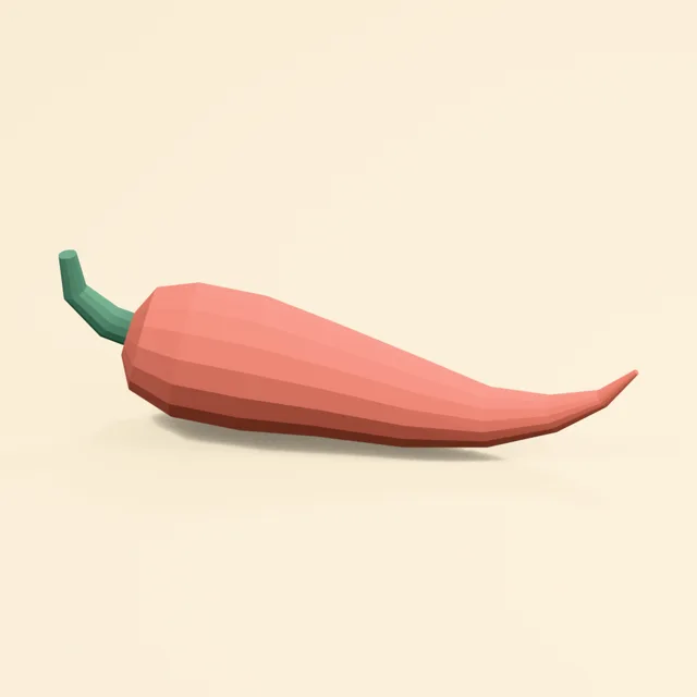 Curved red chili pepper with attached green stem