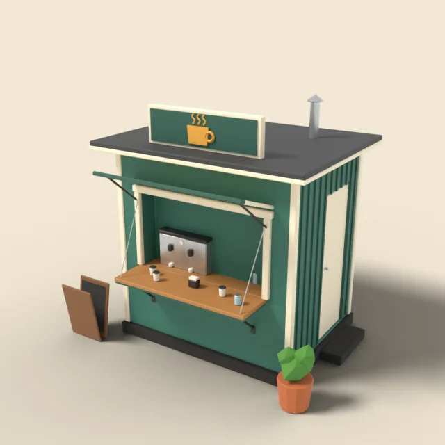 Coffee kiosk with fold-down counter