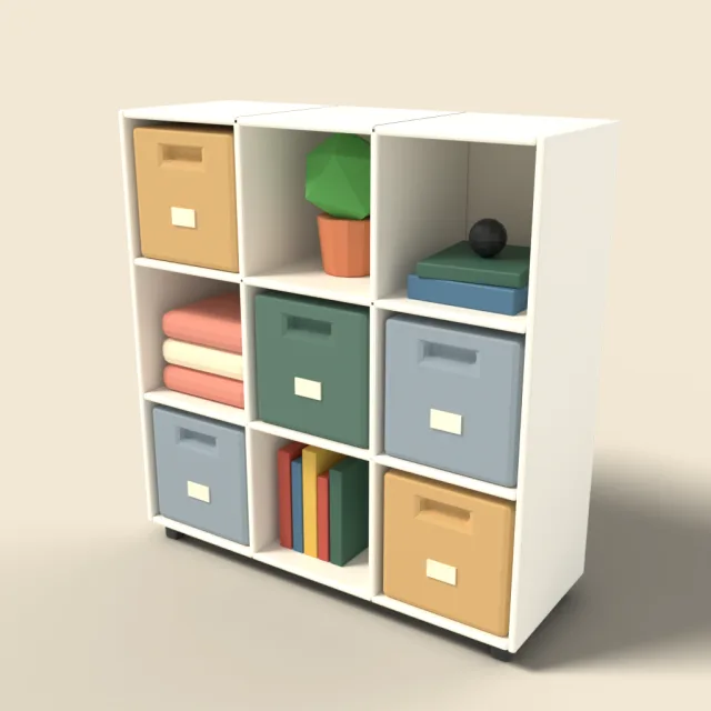 Cube storage shelf with bins