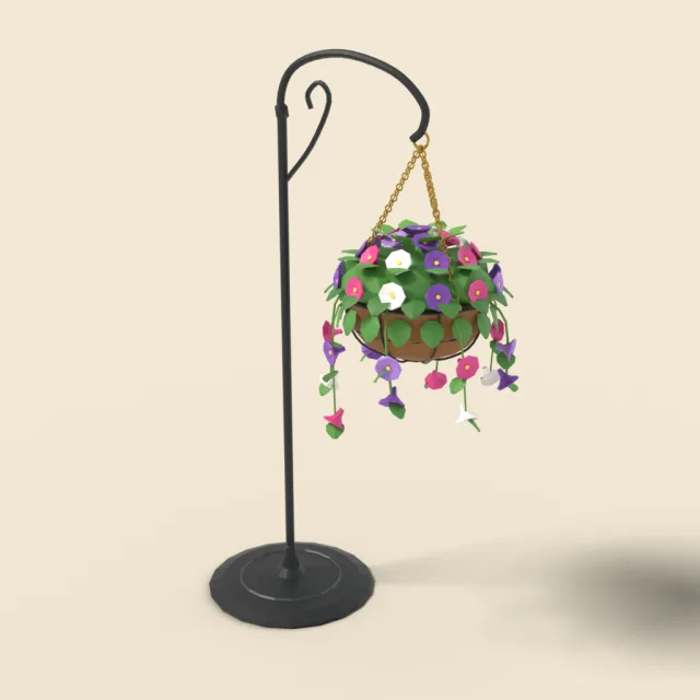 Hanging flower basket with petunias