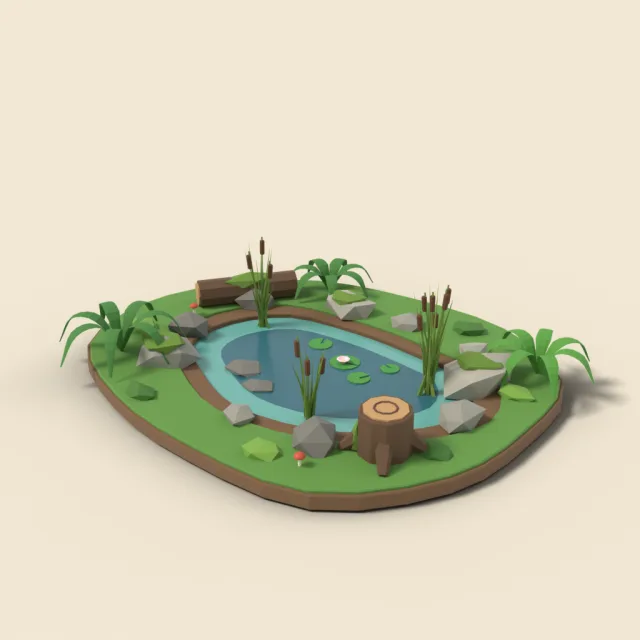 Forest pond with reeds and stones
