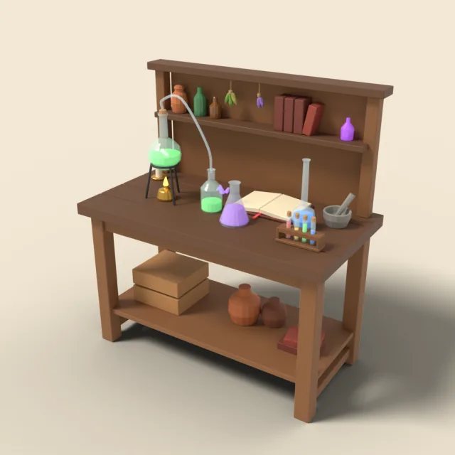 Alchemist workbench with flasks